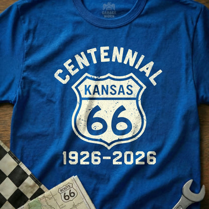 Blue t-shirt with Route 66 Centennial Kansas graphic and dates.
