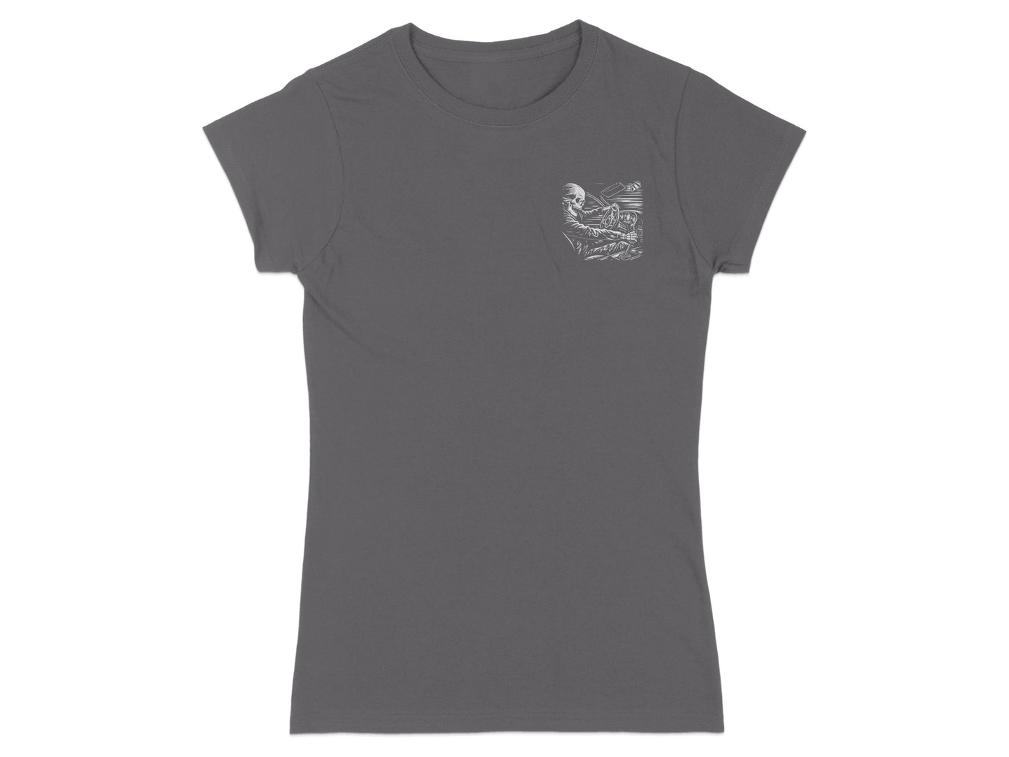 Dark grey t-shirt with a small graphic on the left breast pocket.