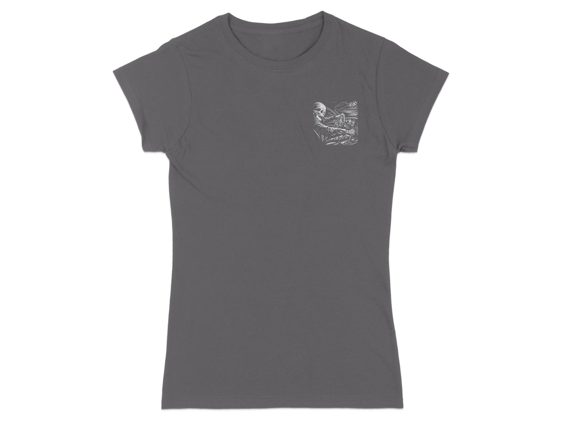 Dark grey t-shirt with a small graphic on the left breast pocket.