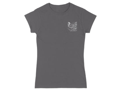 Dark grey t-shirt with a small graphic on the left breast pocket.