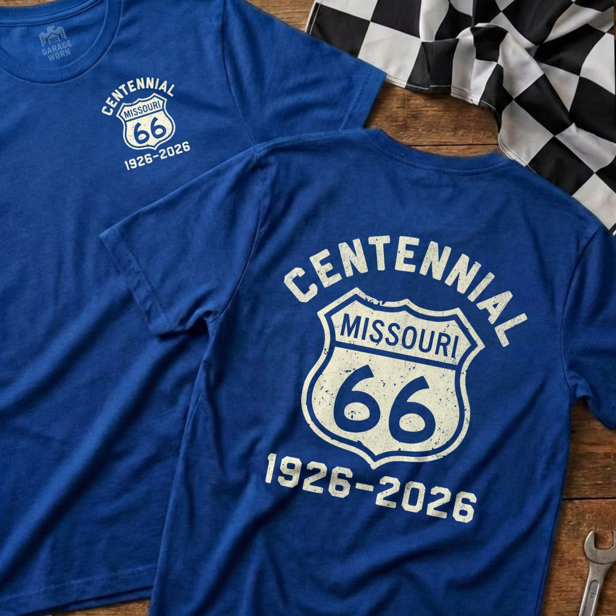 Blue t-shirt with "Centennial Missouri 66 1926-2026" on the back.