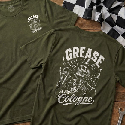 Olive green t-shirt with skeleton wearing a top hat, suit, and spraying cologne.