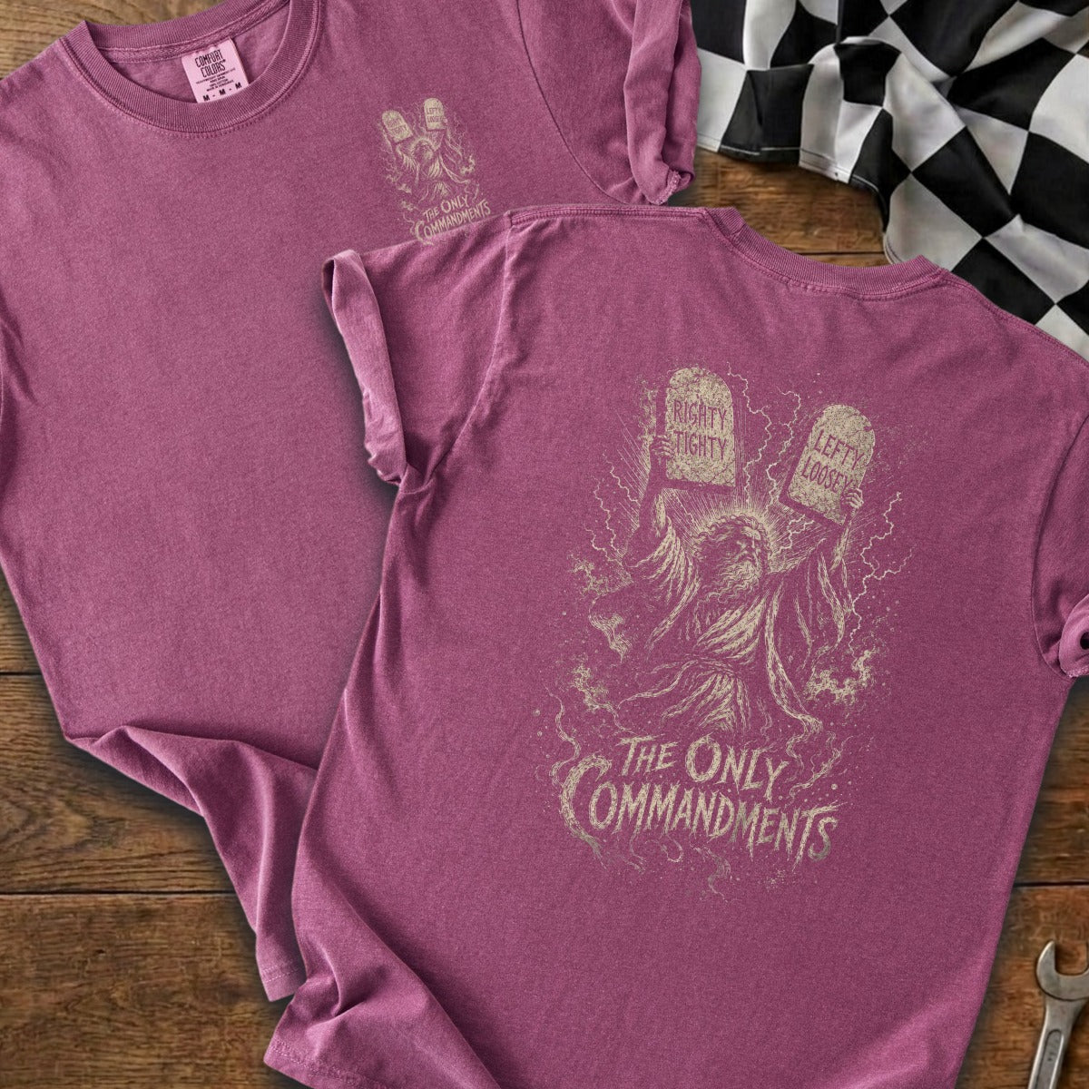 Two plum t-shirts, one with front graphic, one with back graphic featuring Moses and commandments.