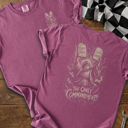 Two plum t-shirts, one with front graphic, one with back graphic featuring Moses and commandments.