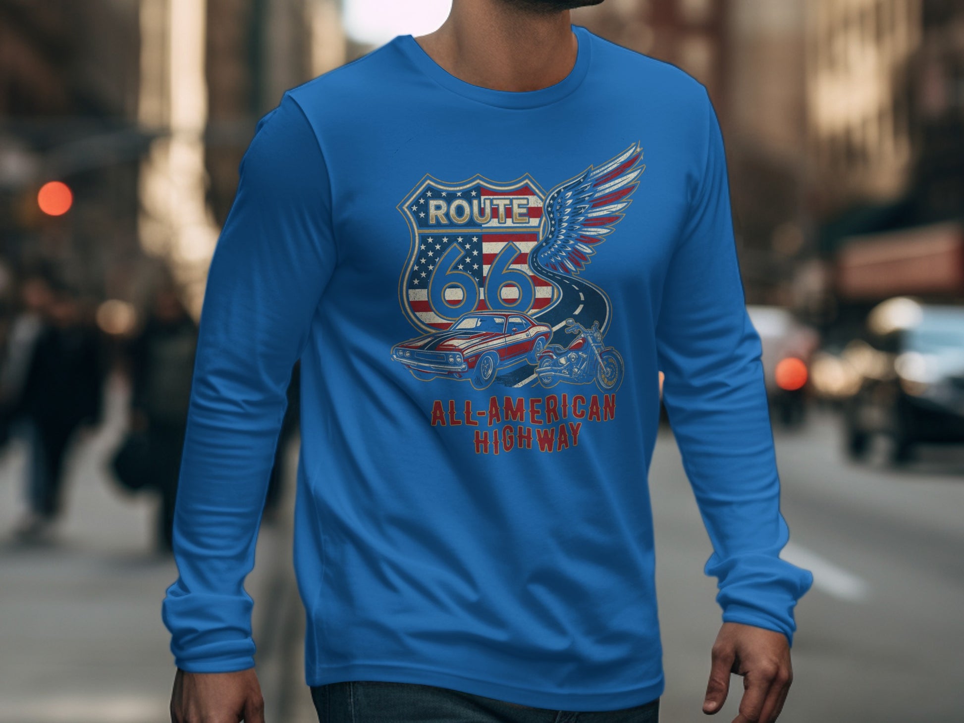 Blue long-sleeve shirt with Route 66 All-American Highway graphic.