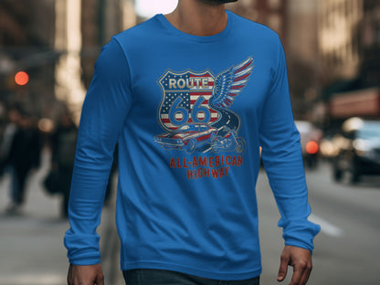 Blue long-sleeve shirt with Route 66 All-American Highway graphic.