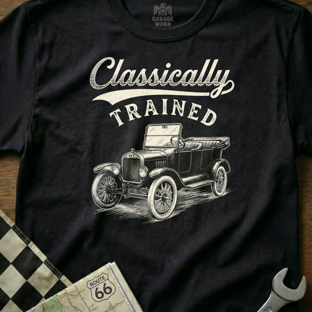 Black t-shirt with "Classically TRAINED" text and vintage car graphic.