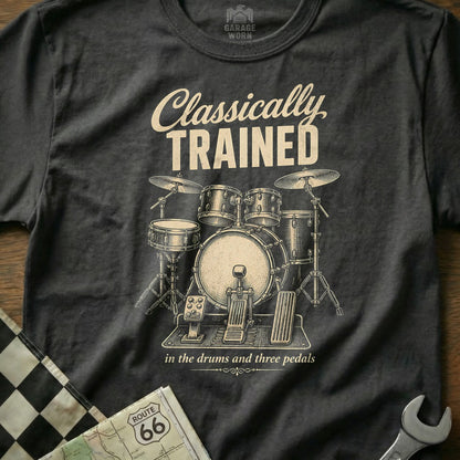 T-shirt with "Classically Trained" and a drum set graphic.