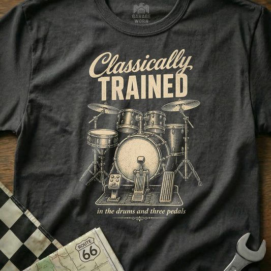 T-shirt with "Classically Trained" and a drum set graphic.