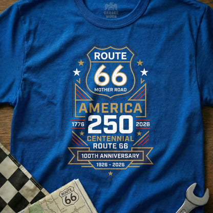 Blue t-shirt with Route 66 250th anniversary design.