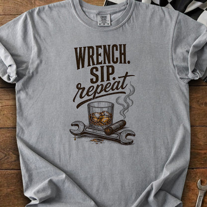 Gray t-shirt with "Wrench. Sip. Repeat." text and illustration.