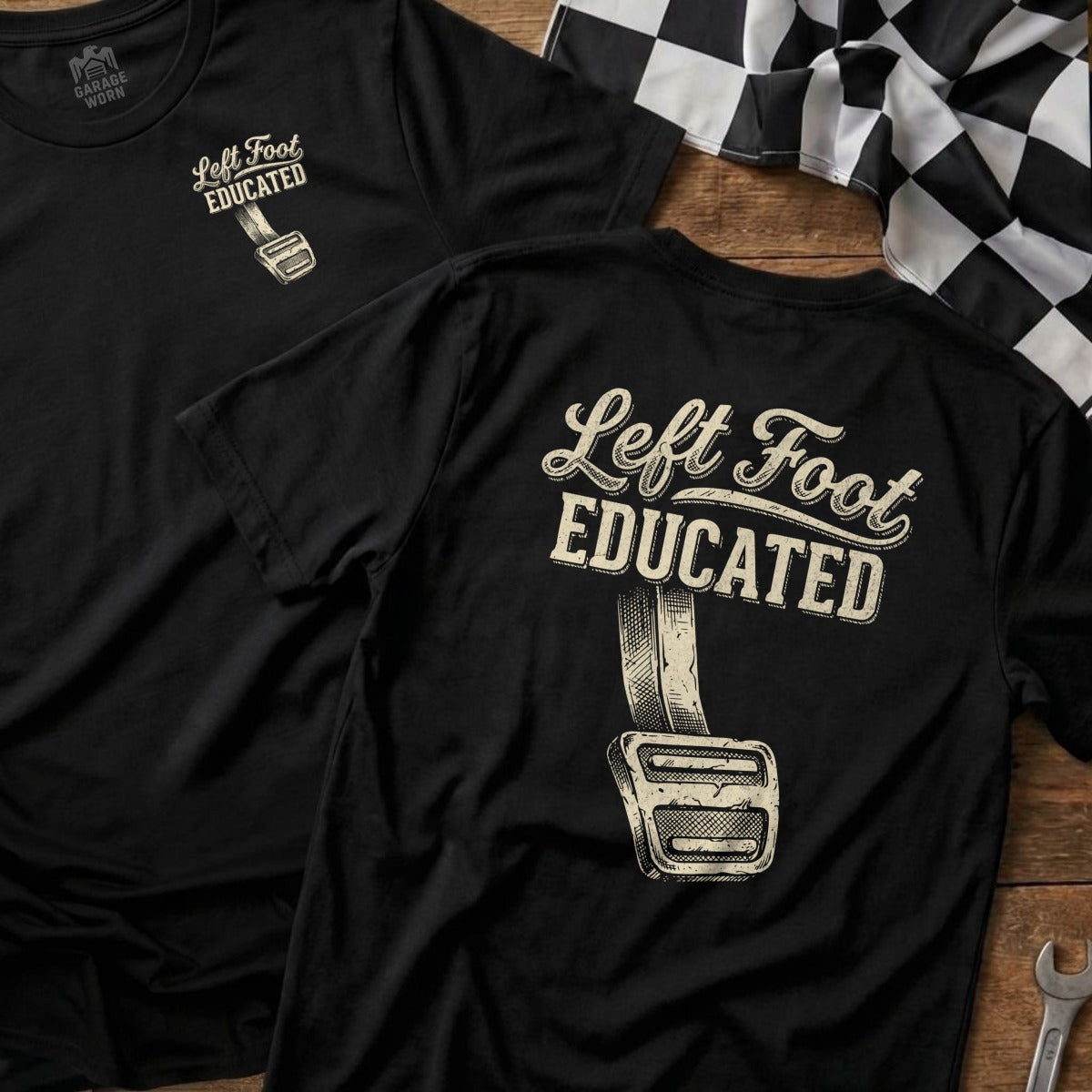 Black t-shirt with "Left Foot Educated" and gas pedal graphic.