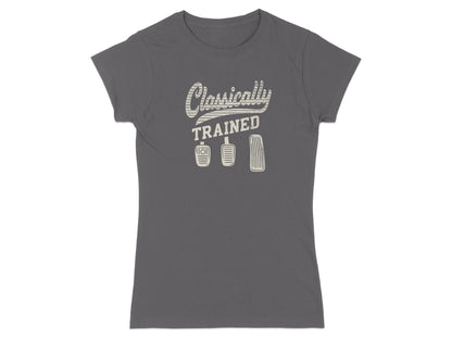 Gray t-shirt with "Classically Trained" text and clutch, brake, and accelerator pedals.