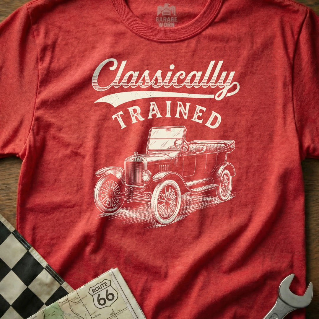 Red t-shirt with "Classically TRAINED" text and a vintage car graphic.