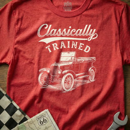 Red t-shirt with "Classically TRAINED" text and a vintage car graphic.