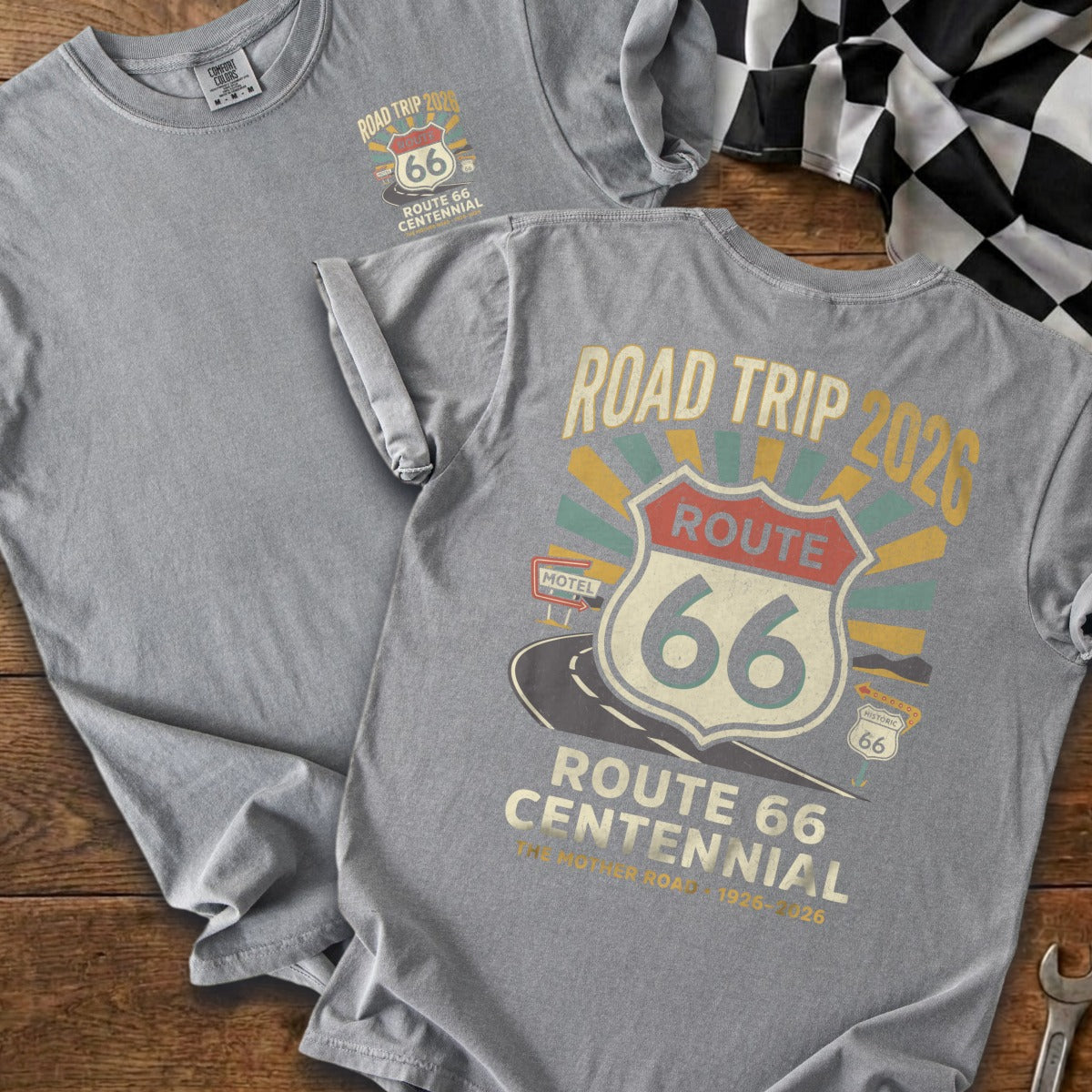 Gray t-shirt with "Road Trip 2026 Route 66 Centennial" graphic.