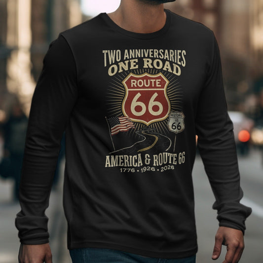 Black long-sleeve shirt with Route 66 graphic and text "Two Anniversaries One Road".