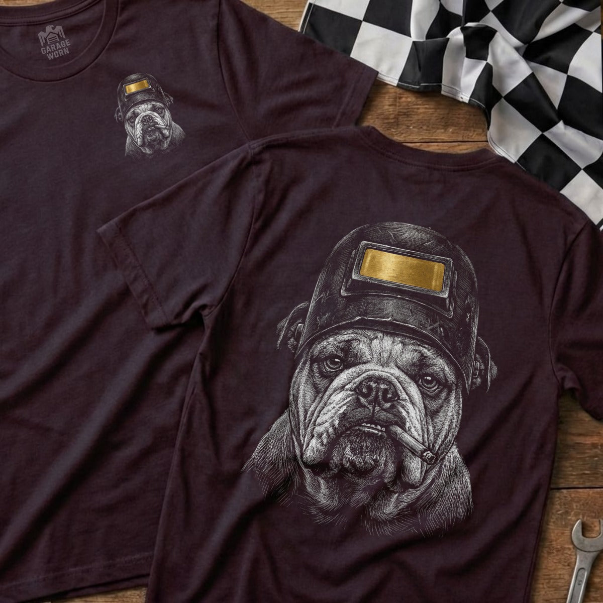 T-shirt with bulldog wearing welding helmet and smoking a cigarette.