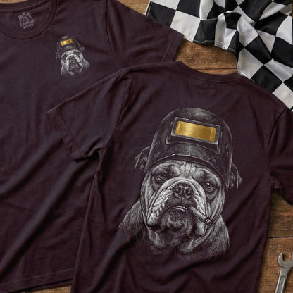 T-shirt with bulldog wearing welding helmet and smoking a cigarette.