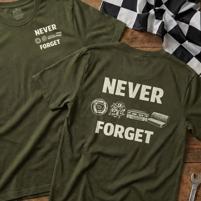 Two olive green t-shirts with "NEVER FORGET" and car part graphics.