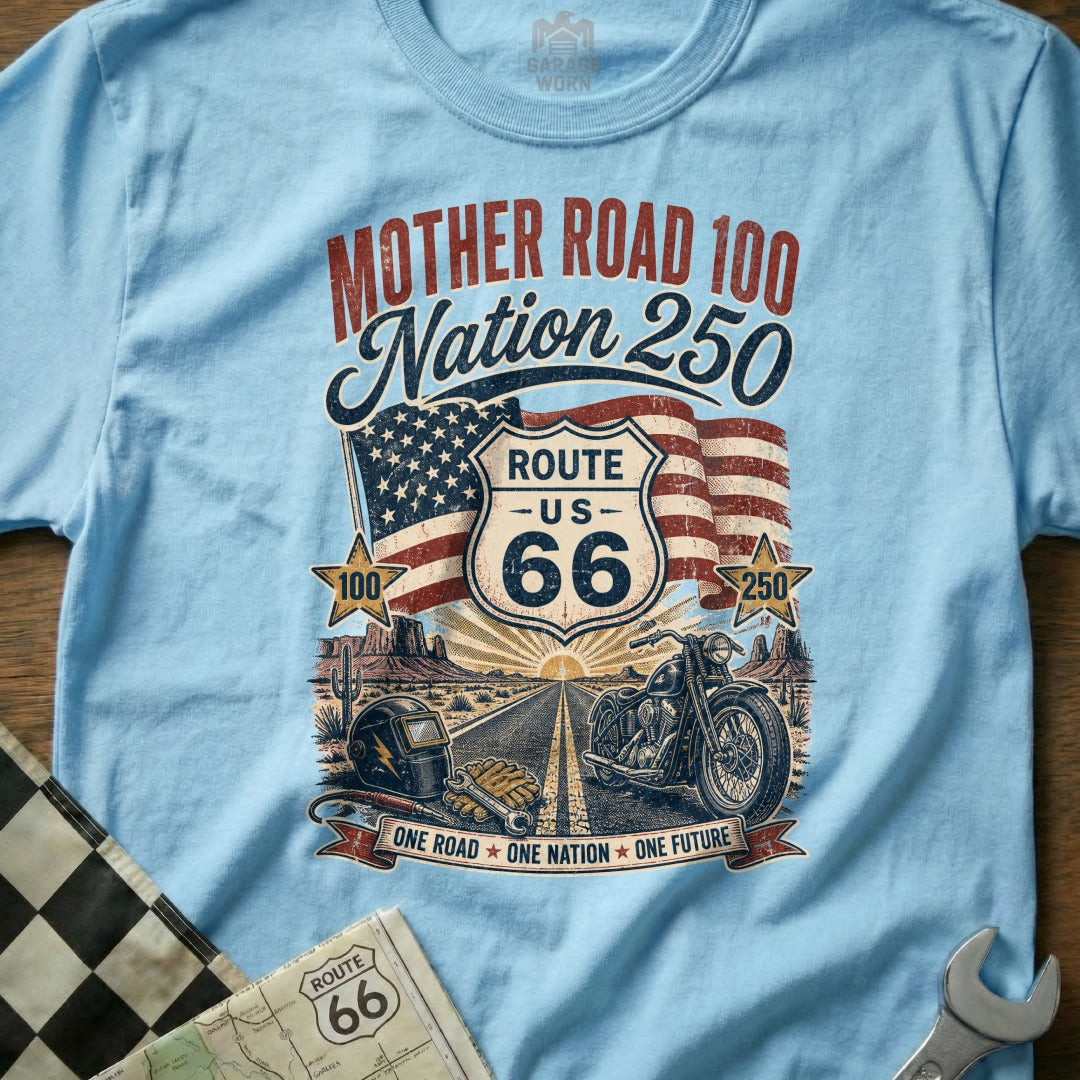 Light blue t-shirt with Route 66, motorcycle, American flag, and desert landscape graphic.