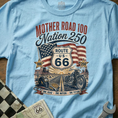 Light blue t-shirt with Route 66, motorcycle, American flag, and desert landscape graphic.