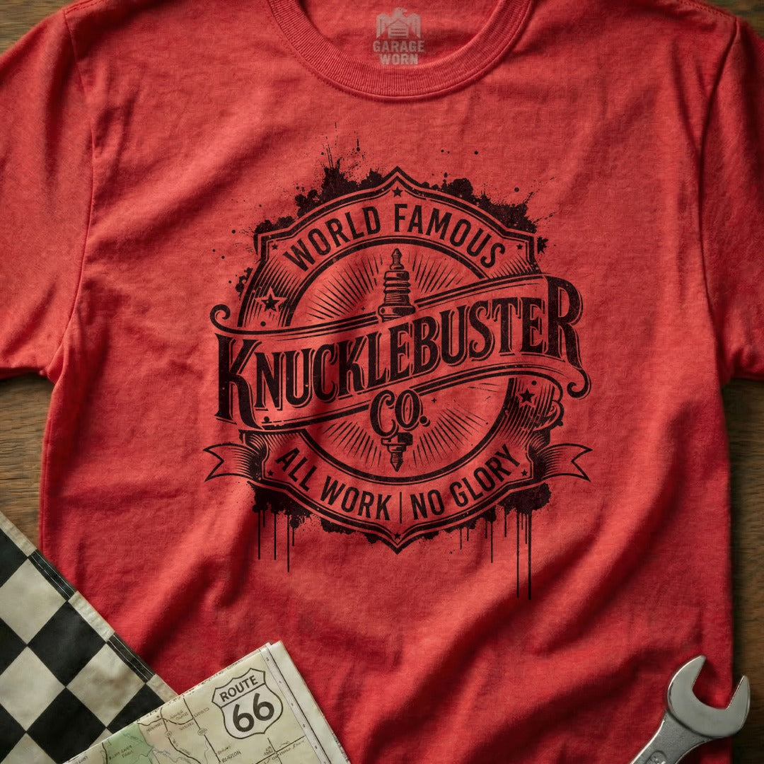 Red t-shirt with "Knuckle Buster Co." and "All Work No Glory" logo.