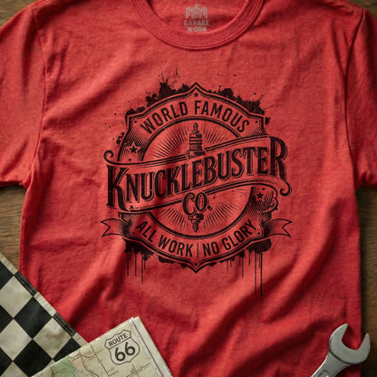 Red t-shirt with "Knuckle Buster Co." and "All Work No Glory" logo.