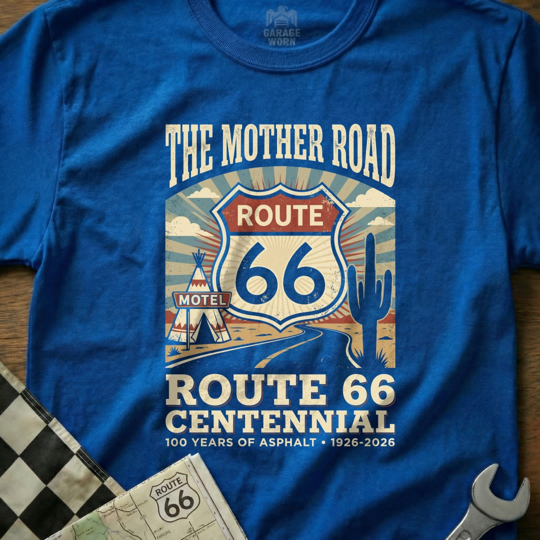 Blue t-shirt with Route 66 Centennial graphic and text.