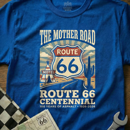 Blue t-shirt with Route 66 Centennial graphic and text.