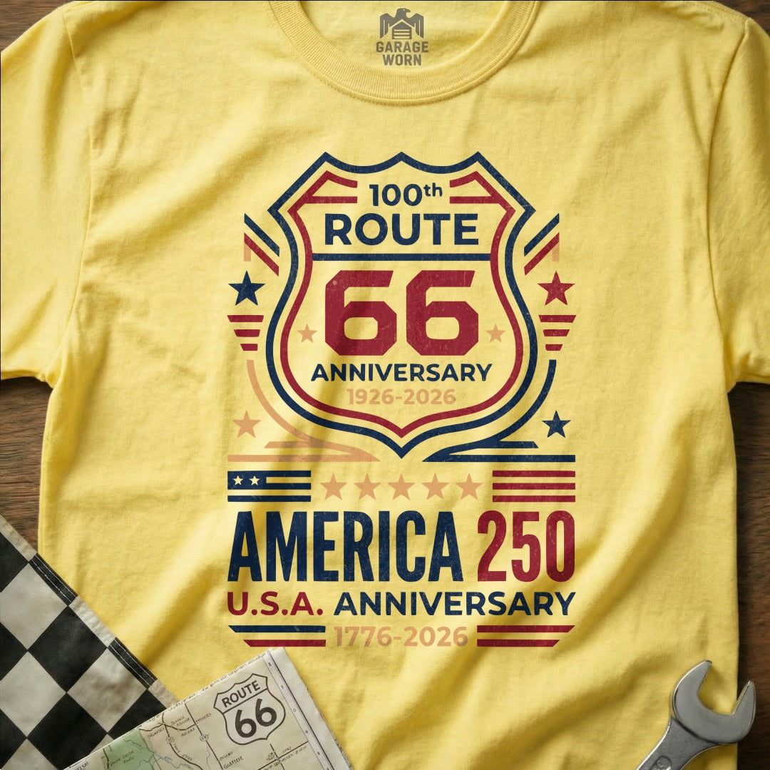 Yellow t-shirt with Route 66 and America 250 anniversary graphics.