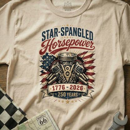 T-shirt with "STAR-SPANGLED HORSEPOWER" and V8 engine graphic celebrating 250 years.