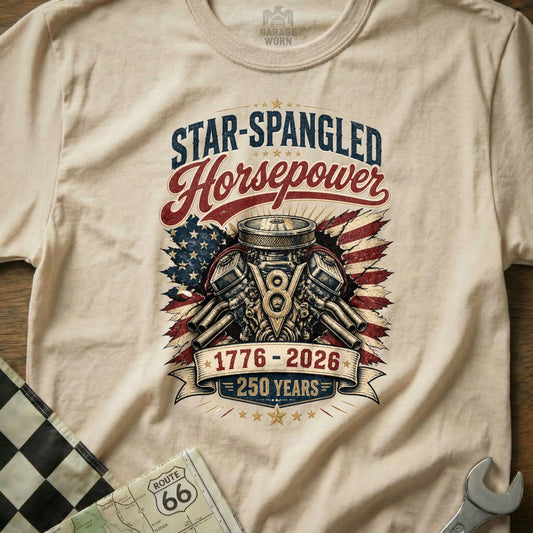 T-shirt with "STAR-SPANGLED HORSEPOWER" and V8 engine graphic celebrating 250 years.