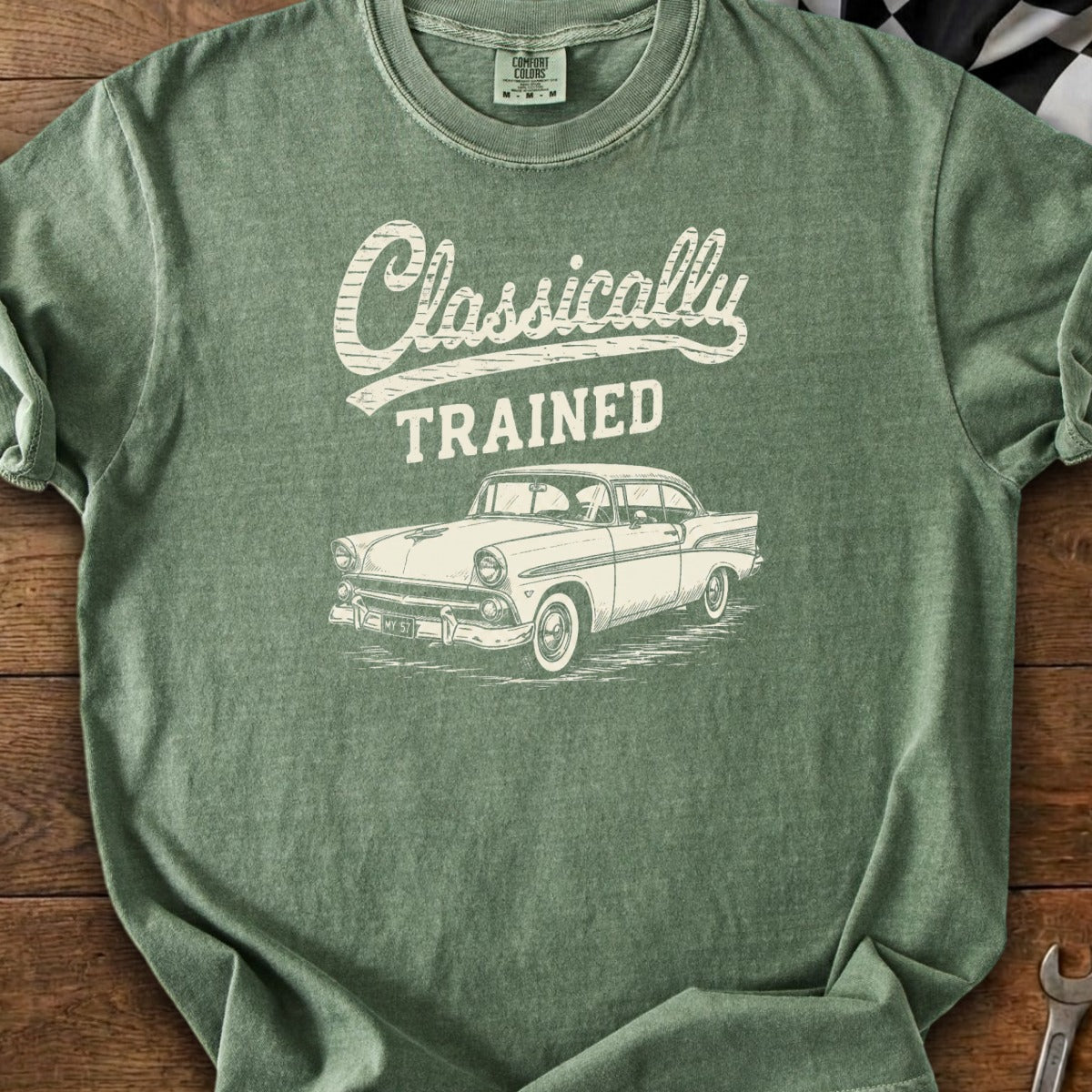 Green t-shirt with "Classically TRAINED" text and a vintage car illustration.