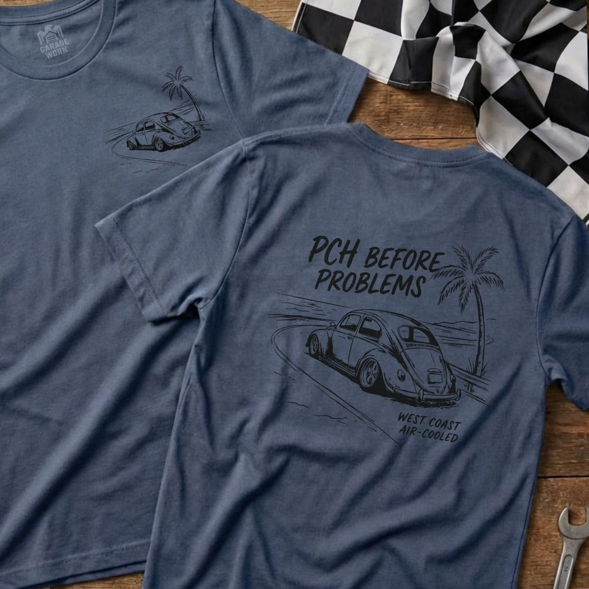 Car driving on a coastal road with "PCH BEFORE PROBLEMS" text.