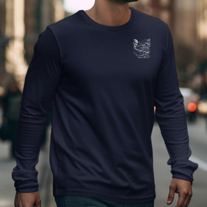 Navy long-sleeve t-shirt with a skeleton driving graphic on the left chest.