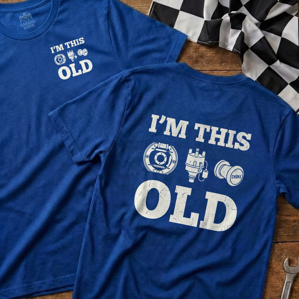Blue t-shirt with "I'm This Old" and car part graphics.