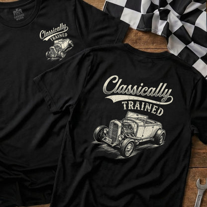 Black t-shirt with "Classically Trained" text and a vintage hot rod illustration.
