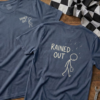 Navy t-shirt with a stick figure and rain graphic, "RAINED OUT" text.