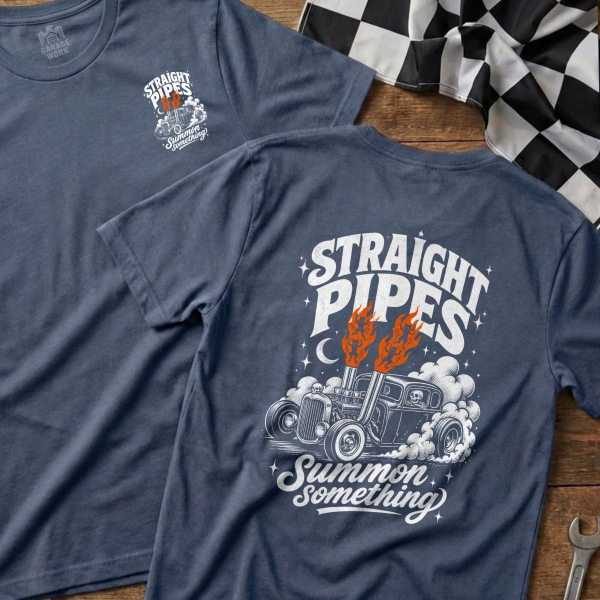 T-shirt with "Straight Pipes" graphic featuring a hot rod with flames and text "Summon Something."