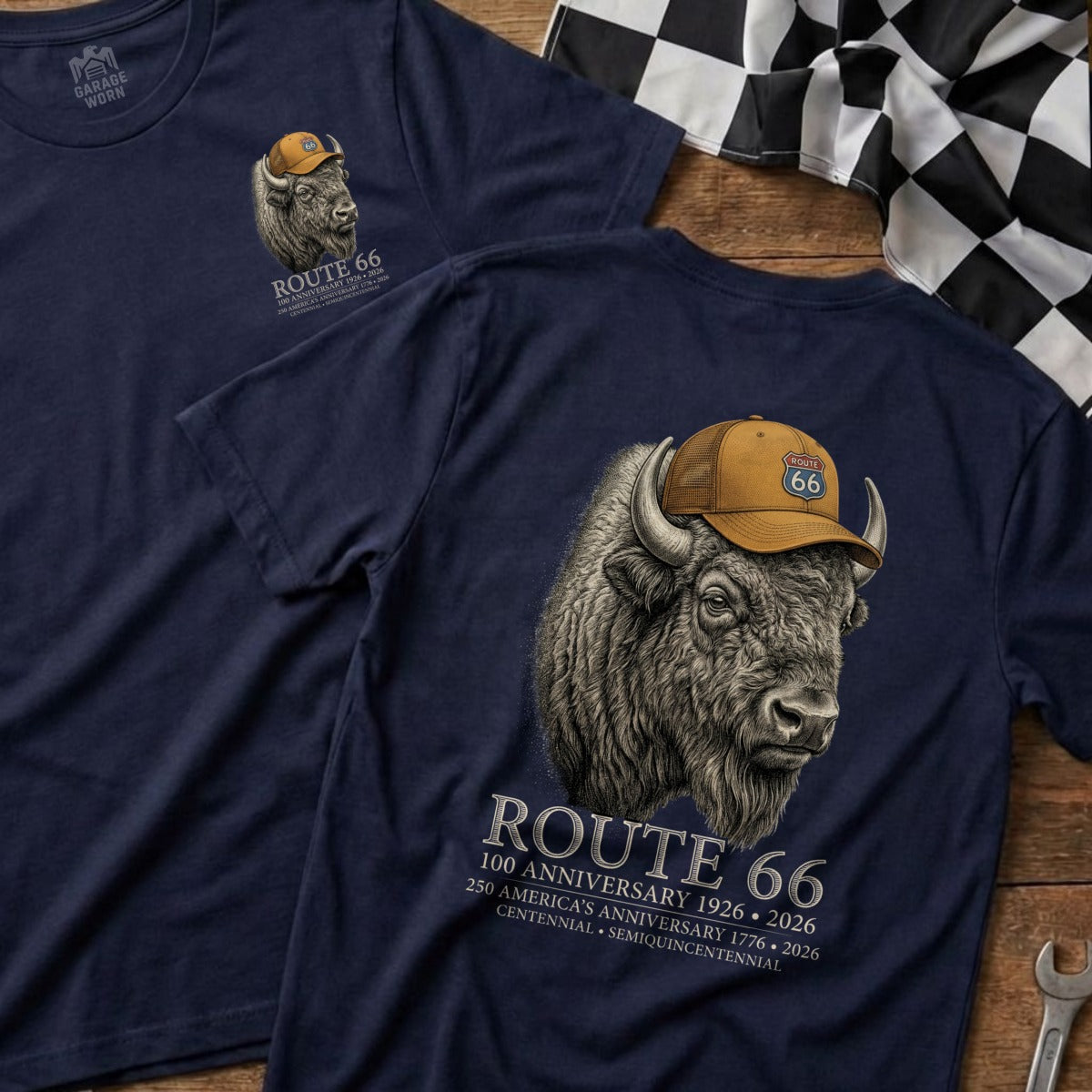 Navy t-shirt with bison wearing Route 66 hat and anniversary text.
