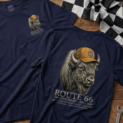 Navy t-shirt with bison wearing Route 66 hat and anniversary text.