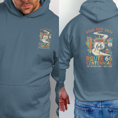Route 66 Centennial graphic with road trip design and dates 1926-2026.