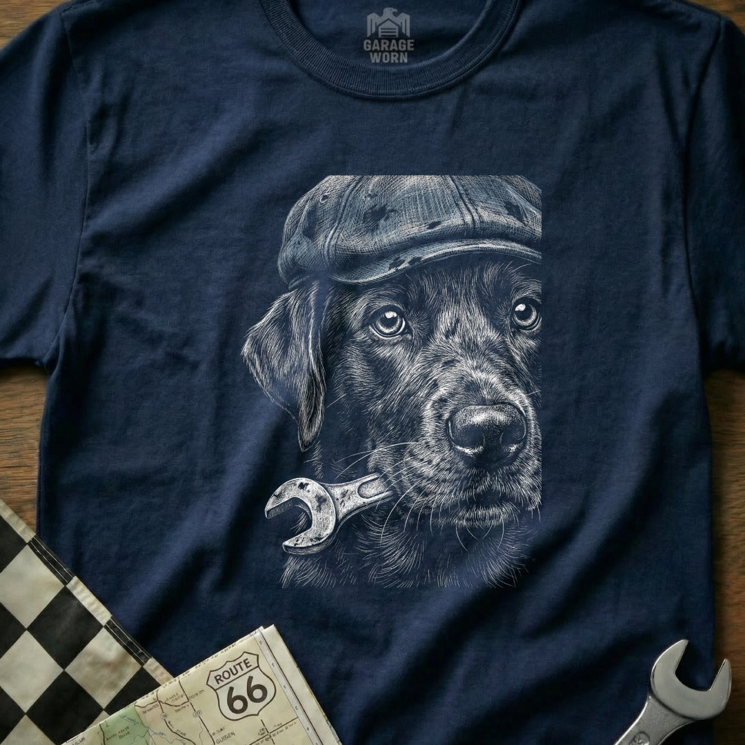 Black Labrador wearing a flat cap holding a wrench in its mouth.