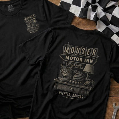 Black t-shirt with retro Mouser Motor Inn graphic, cat, vintage phone, and lamp.