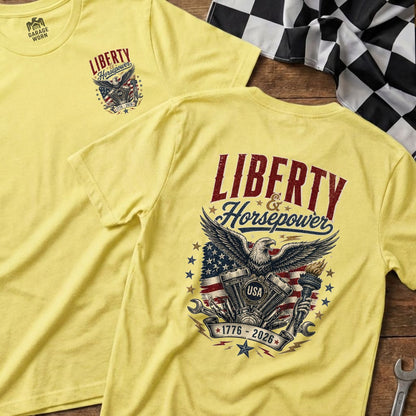 Yellow t-shirt with eagle, motorcycle engine, torch, and "Liberty & Horsepower" text.