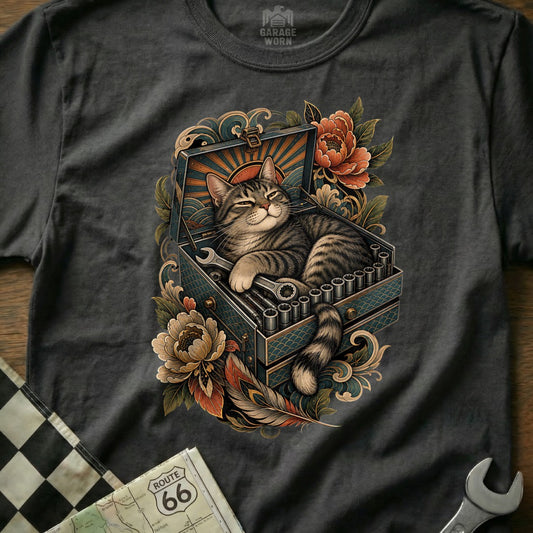 Tabby cat sleeping in a toolbox with wrenches, surrounded by flowers and ornate designs.