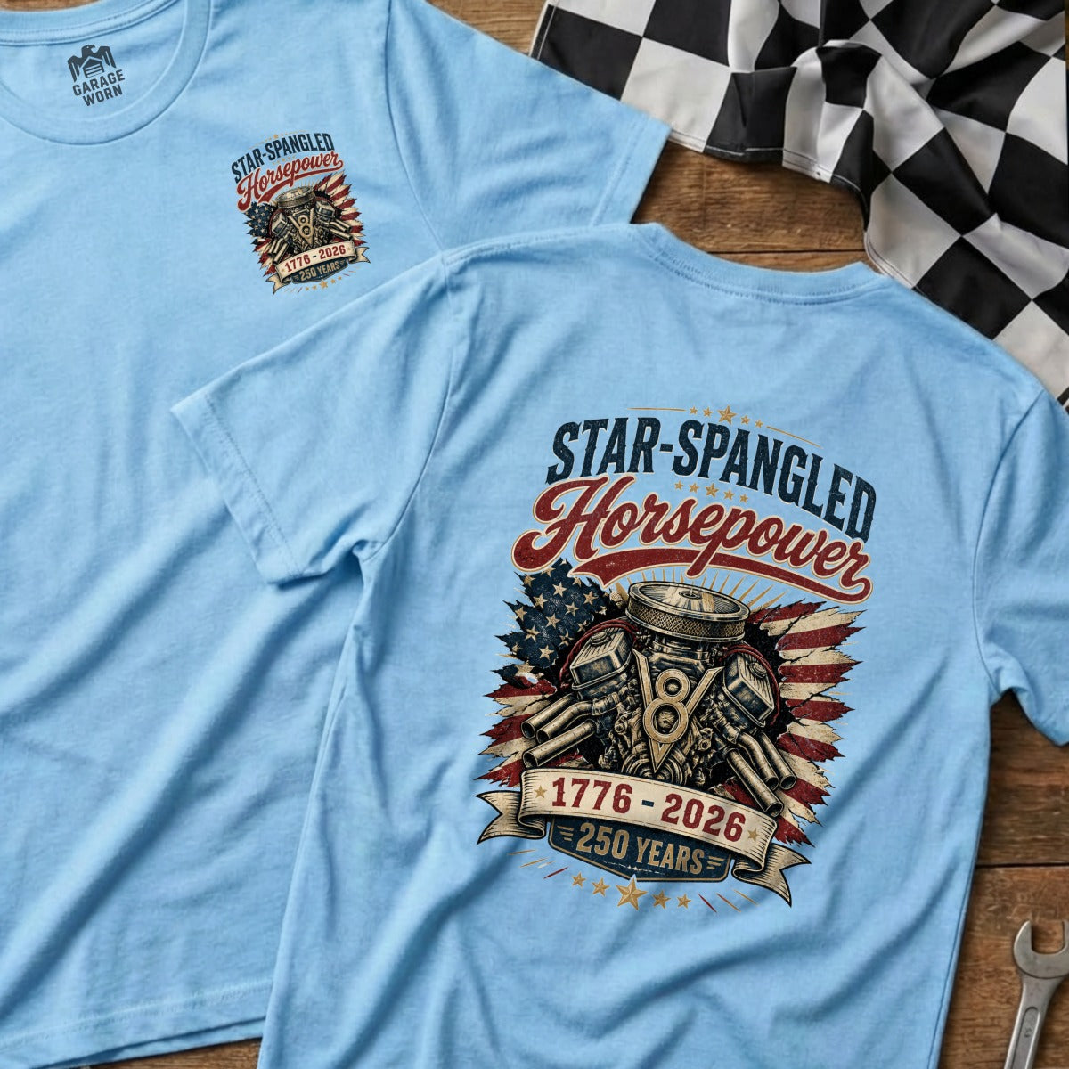 Light blue t-shirt with "Star-Spangled Horsepower" engine graphic and "250 Years" text.