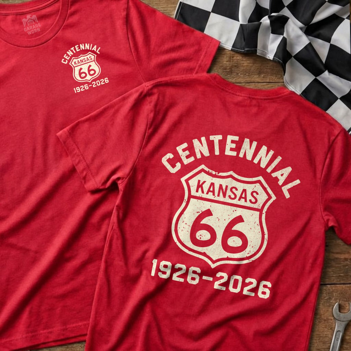 Red t-shirts with "Centennial Kansas 66 1926-2026" graphic.
