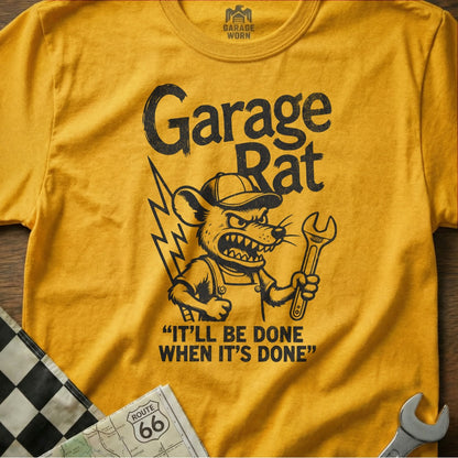 Yellow t-shirt with "Garage Rat" and a cartoon rat with a wrench.